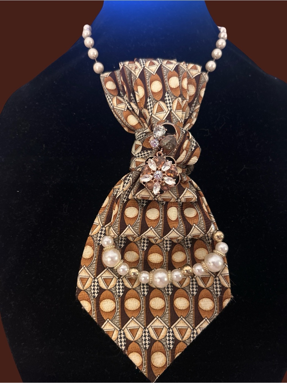 Elegant Brown Patterned Fabric Pendant Necklace with Faux Pearls